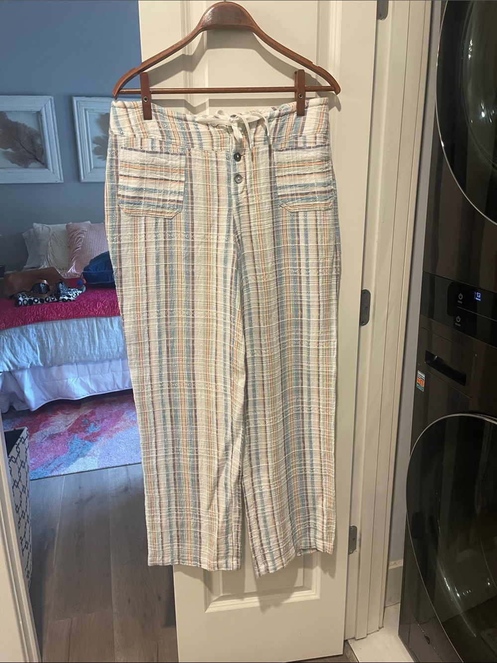 Sundance Striped Linen-Blend Wide Leg Pants in Cream, Blue & Tan